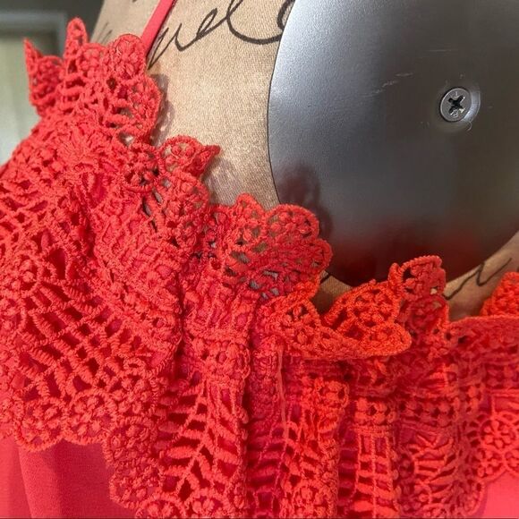 NEW Coral Pink Lace Trim Tie Front Top Blouse - Picture 4 of 15